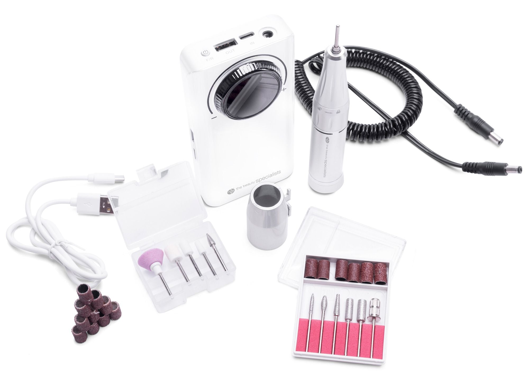 Electric nail file for toenails with portable wearable controller and kit contents laid out including additional drill heads usb charging cable mandrel sanding bands and connection cable 