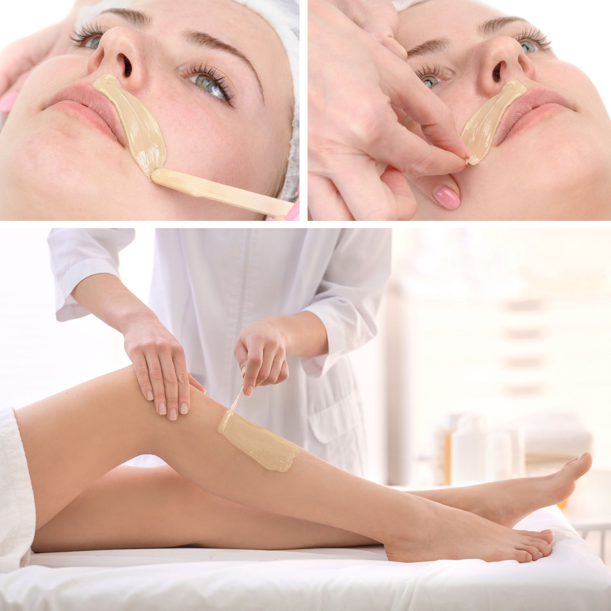 lady having wax applied to upper lip and legs with wooden spatula