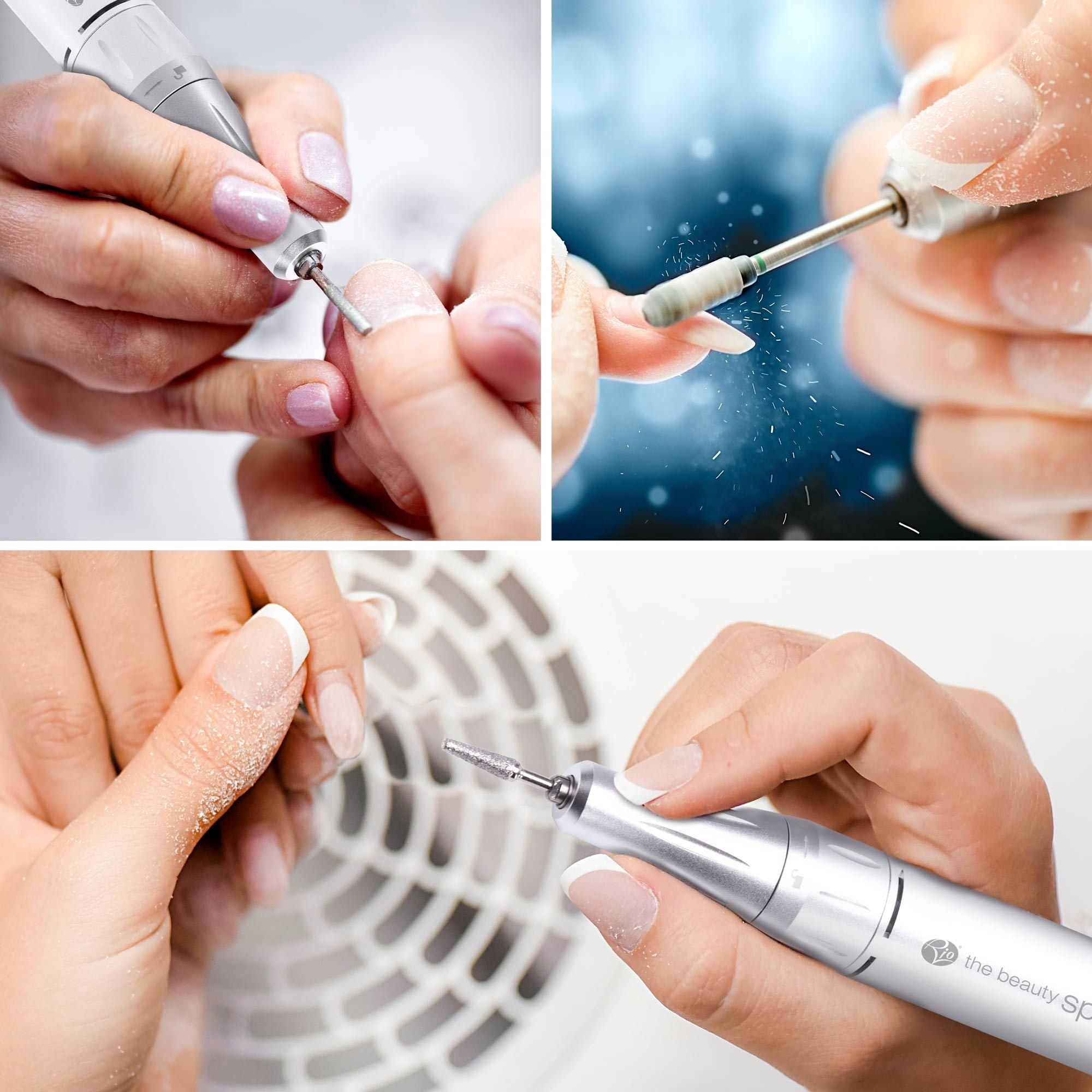 Montage of 3 shots of motorised nail file being used by nail technicians to file down acrylic an prep nails 