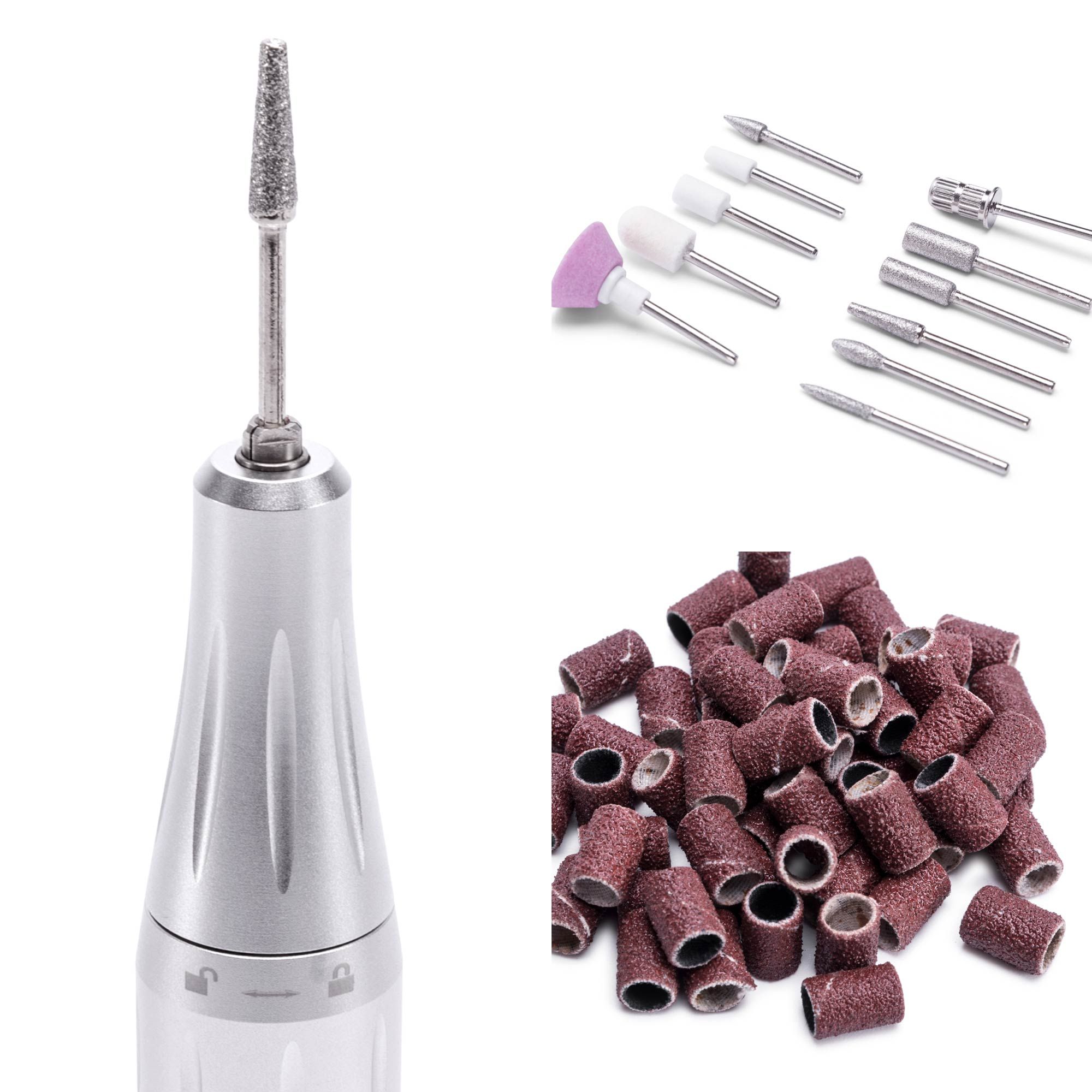 Various electric nail file tools and bit in use
