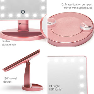 Rose Gold 24 LED Makeup Mirror with mini removable 10X Magnifying Mirror