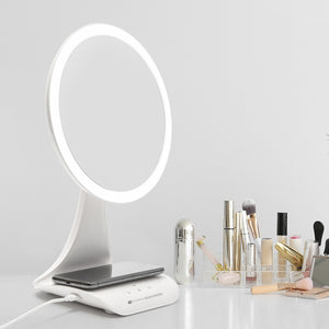 5x magnification LED makeup mirror with wireless charging station