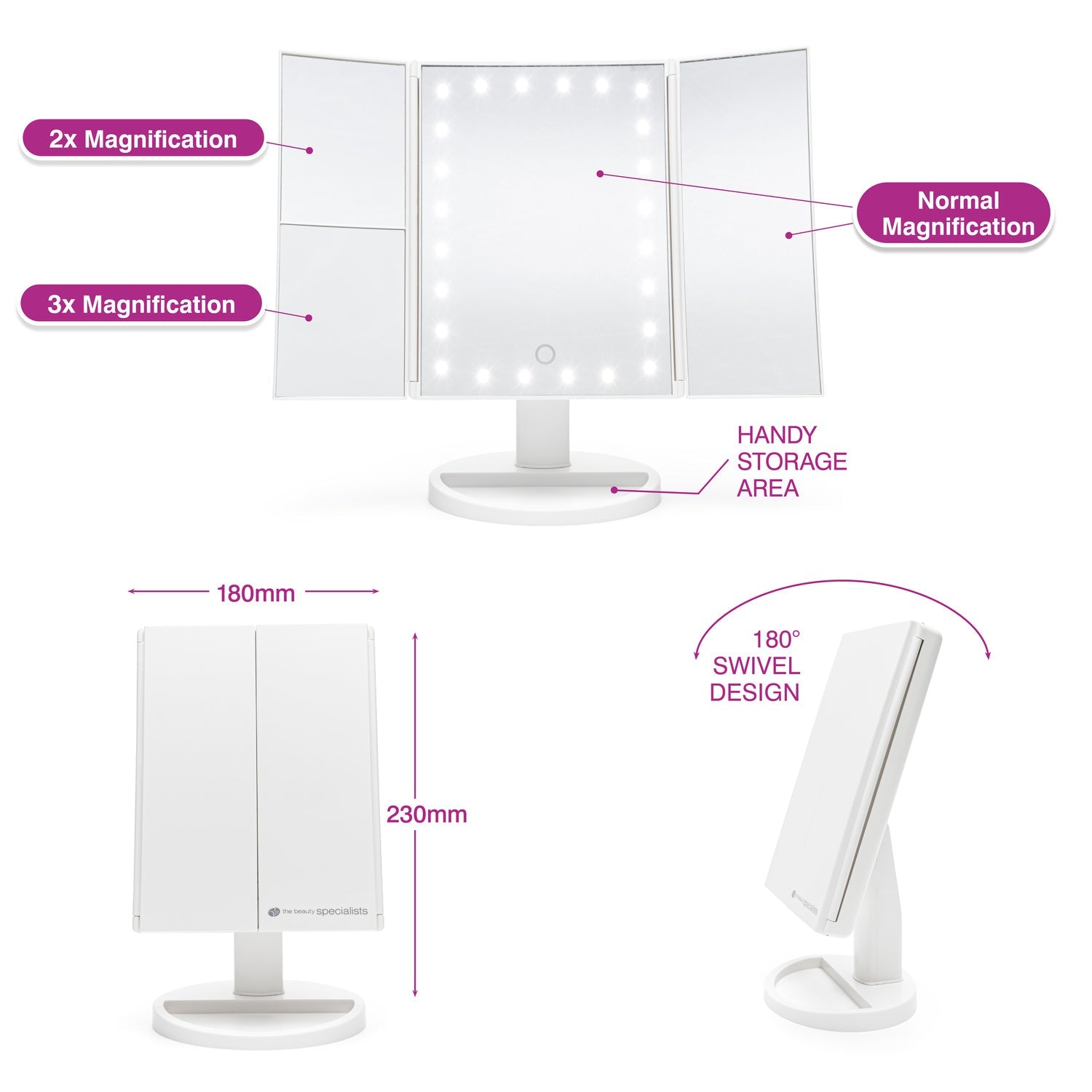 24 LED Touch Dimmable 3 Way Makeup Mirror with 2 & 3X Magnification White