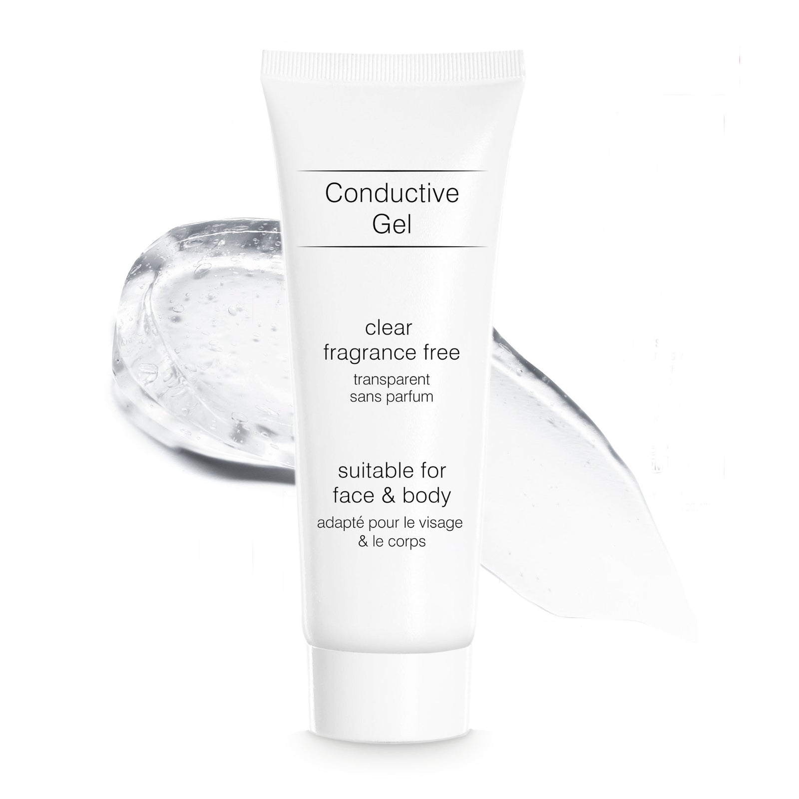 A close-up of a white tube labeled 'Conductive Gel'. This clear, fragrance-free electrolytic gel is suitable for both face and body use. The product is ideal for improving conductivity when used with EMS, TENS, and microcurrent devices, enhancing facial toning and muscle stimulation