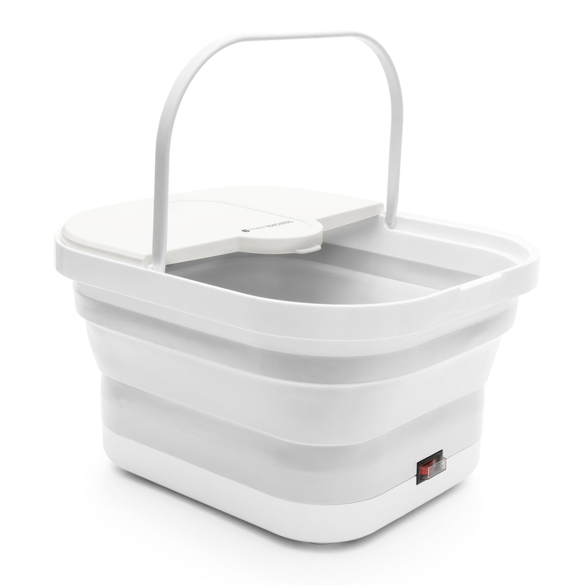 Side view of the Foldaway Foot Spa Bath in its expanded form, featuring a handle for portability. This foot spa has a collapsible design, making it easy to store and transport. Perfect for at-home use, this foot soaker can deliver a relaxing massage and heated water therapy.