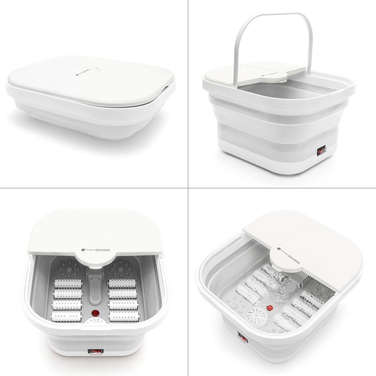 Collage showcasing the Foldaway Foot Spa Bath, highlighting its versatility, foldable design, and different uses. It features reflexology rollers and water jets, offering one of the best foot massage spa experiences. This foot spa machine is designed for at-home relaxation and therapeutic benefits.