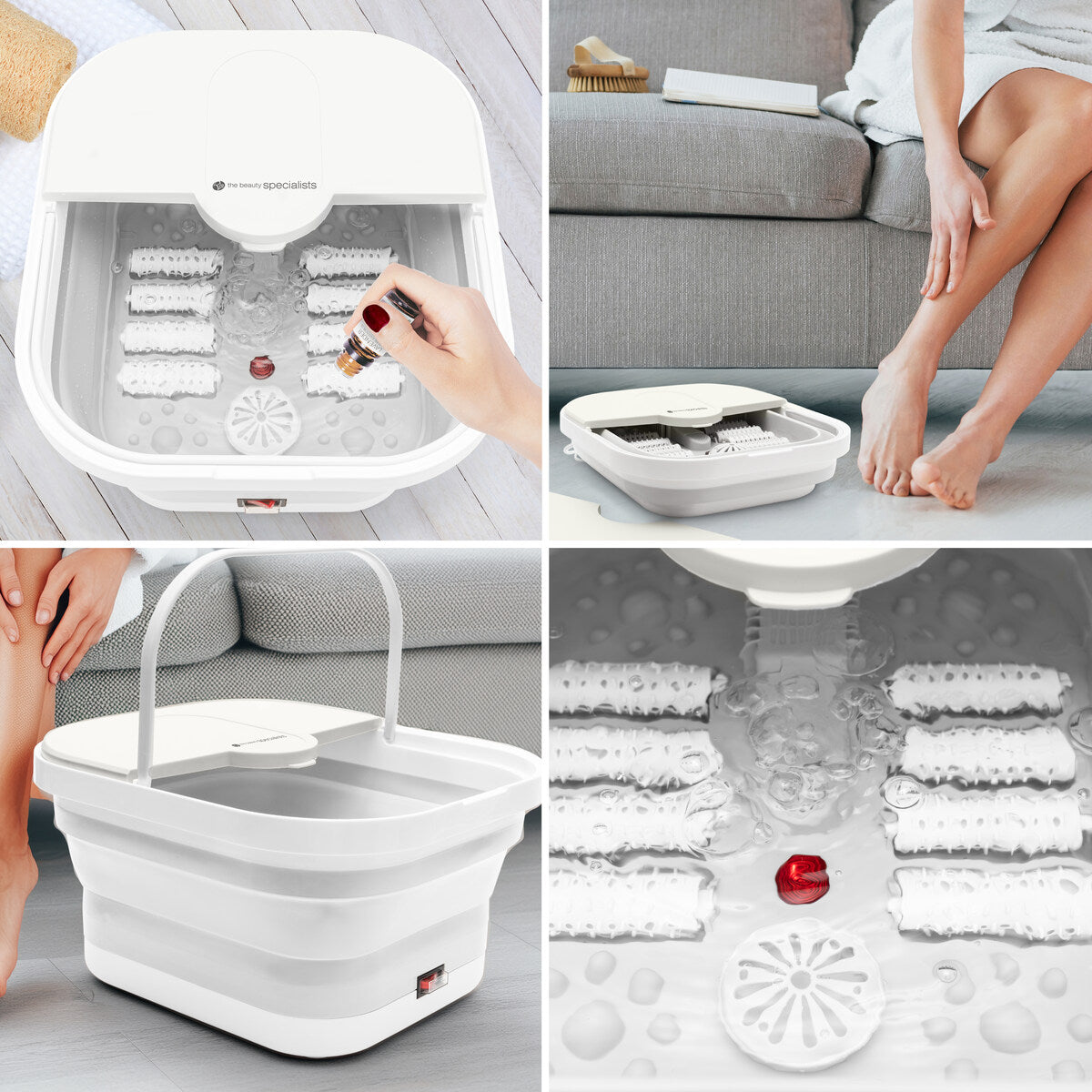 Collage highlighting the key features of the Foldaway Foot Spa Bath: Hydro-Jet Bubbles, Reflexology Rollers, Aromatherapy Diffuser, and a 500W Heater. This foot spa is among the best foot spas on the market, combining aromatherapy, heat and massage in one foot soaker spa bath.