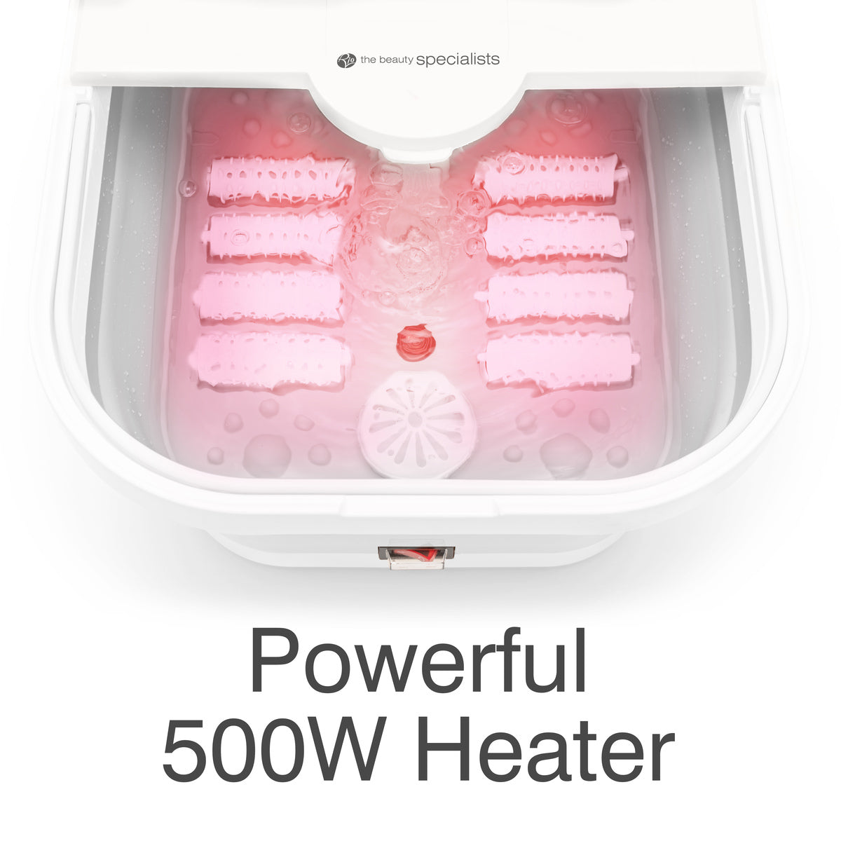 The Foldaway Foot Spa Bath filled with warm water, illuminated with pink LED lights. The 500W heater provides a cozy, heated footbath experience, making it one of the best foot soakers for home relaxation. The reflexology rollers offer a comforting foot massage.