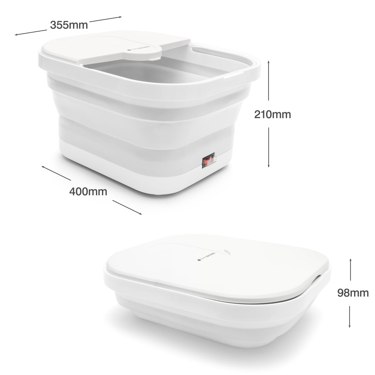 Detailed dimensions of the Foldaway Foot Spa Bath in both expanded and collapsed forms. This compact footbath measures 365mm x 325mm x 220mm when expanded, offering a space-saving design perfect for those seeking the best foot spa that is both powerful and easy to store.