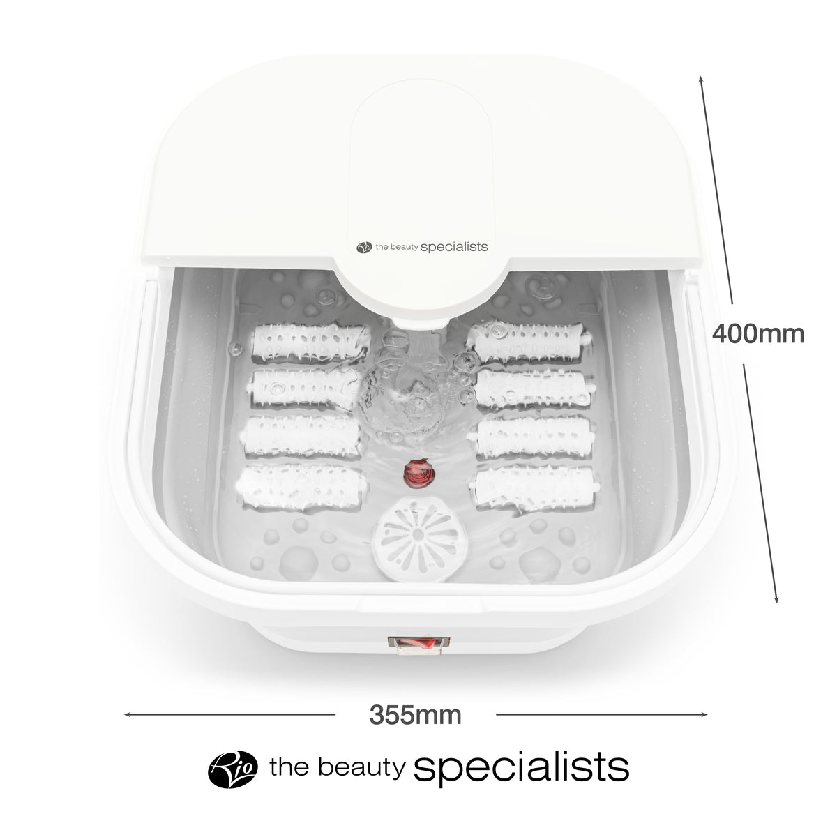 A top-down view of the Foldaway Foot Spa Bath with its dimensions labeled. The foot spa measures 365mm in length and 325mm in width. The image showcases the internal layout with reflexology rollers and a central jet system. This foot spa machine combines hydro-jet bubbles and massage rollers to offer a relaxing foot massage spa experience. Its compact design makes it one of the best foot spas for home use, providing both convenience and comfort.