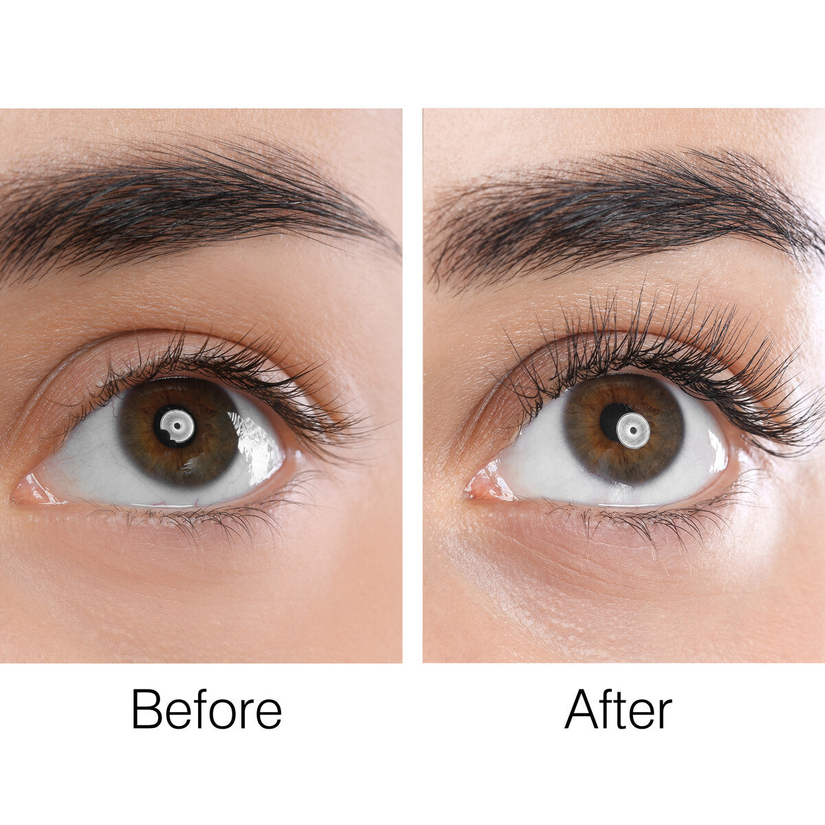 A before-and-after comparison of eyelashes, highlighting the dramatic improvement in lash volume and curl achieved with the Heated Eyelash Curler. The "before" image shows natural lashes, while the "after" image displays longer, fuller, and perfectly curled lashes.