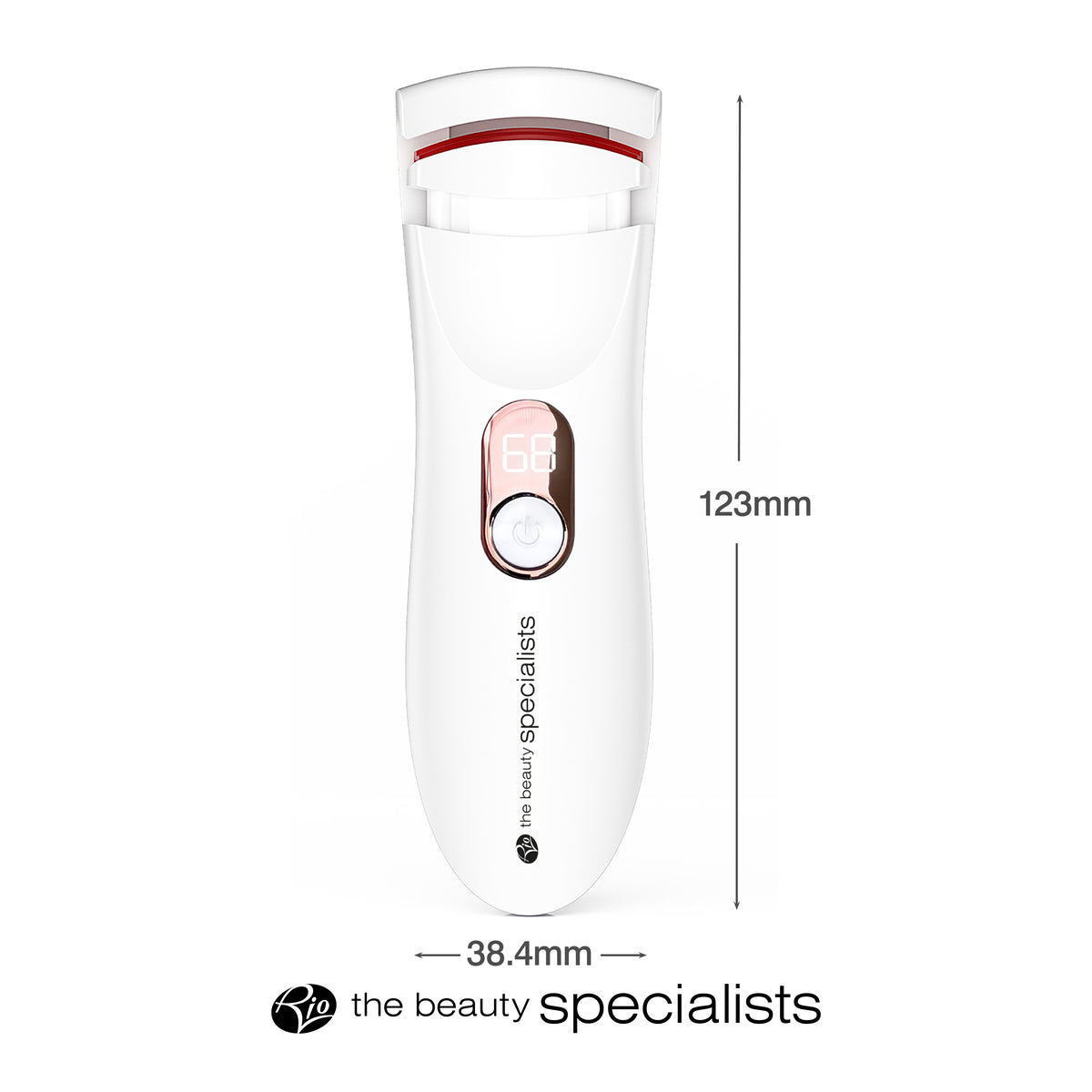 A technical image displaying the dimensions of the Heated Eyelash Curler. The white heated curler is shown with its measurements labeled: 123mm in height and 38.4mm in width. The sleek design includes a digital display for temperature and an ergonomic shape.