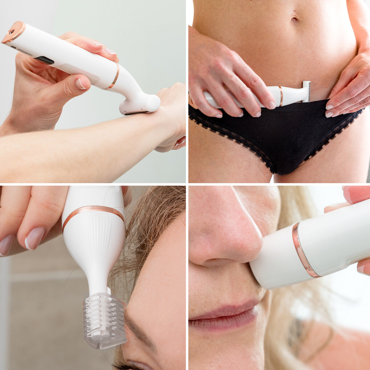 A collage showing the electric lady  shaver being used on various parts of the body. The top left image shows the lady shaver being used on the forearm, the top right image depicts grooming around the bikini line, the bottom left image displays trimming of the eyebrows, and the bottom right image shows facial hair removal near the upper lip.