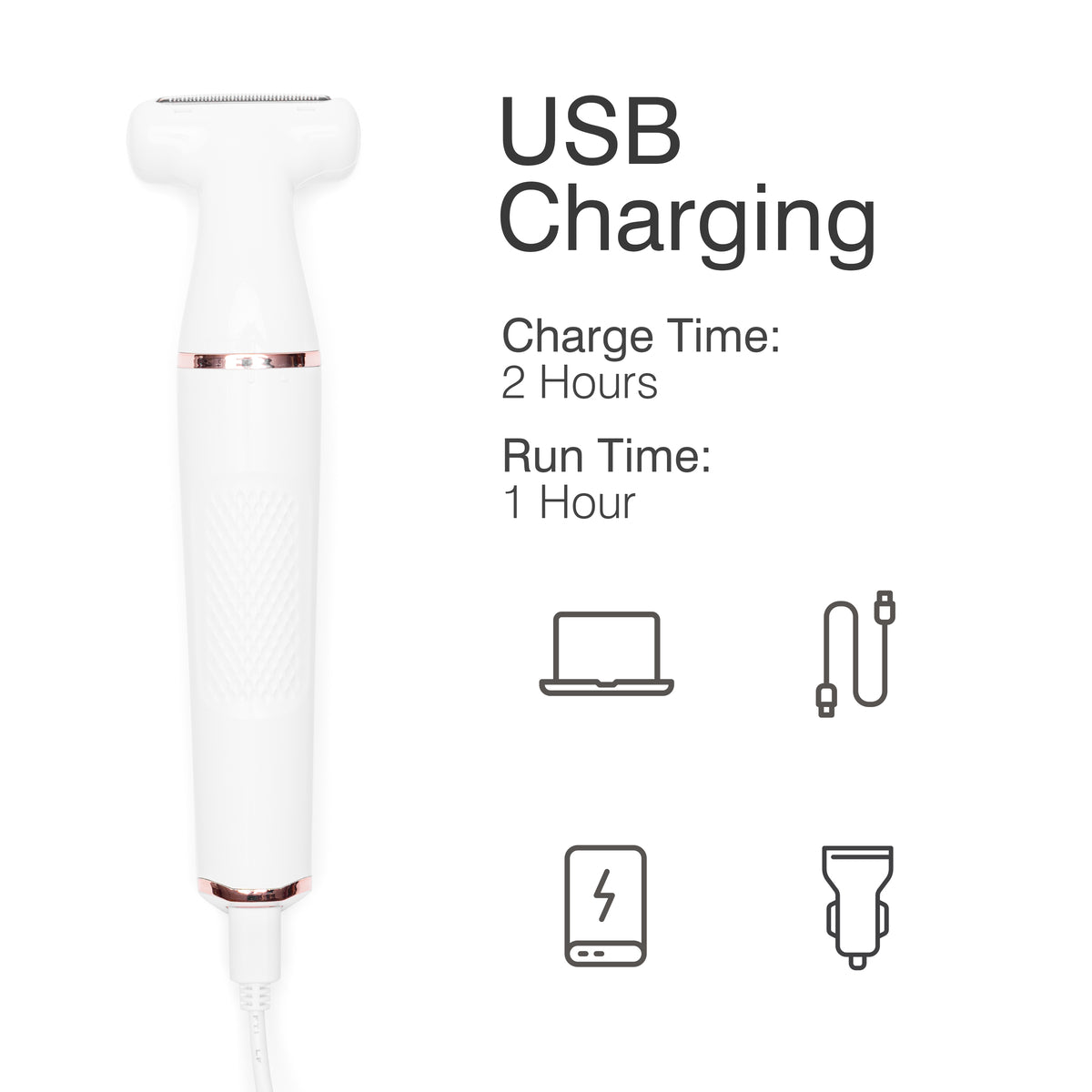 A simple diagram highlighting the USB charging capabilities of the Lady Shaver Bikini Trimmer. It emphasizes a 2-hour charge time for 1-hour use. Icons of a laptop, charging cable, and portable charger show the flexible charging options.