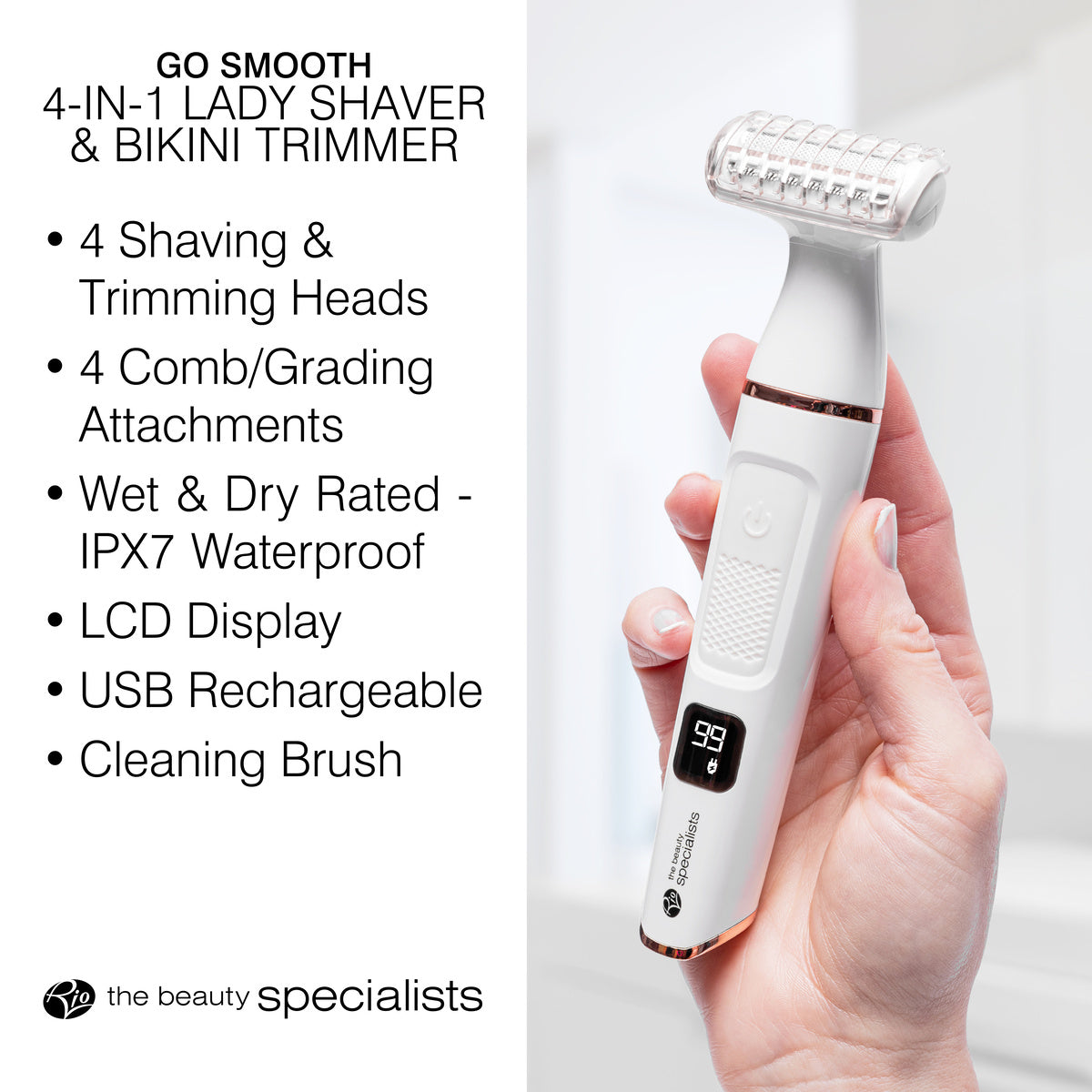 A feature overview of the Go Smooth 4-in-1 Lady Shaver & Bikini Trimmer, highlighting its four shaving and trimming heads, four comb attachments, IPX7 waterproof rating, LCD display, and USB rechargeable function. The device is held in the hand, showcasing its compact design.