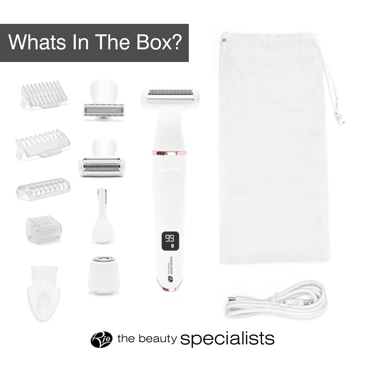 A "What's in the Box?" image displaying the contents that come with the Lady Shaver Bikini Trimmer. The image shows the shaver, four different shaving and trimming heads, guide combs, a cleaning brush, a USB charging cable, and a storage pouch.