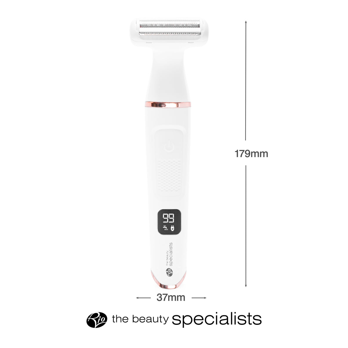 A front-facing view of the Lady Shaver Bikini Trimmer, showcasing its compact design. The image includes the dimensions of the shaver: 179mm in height and 37mm in width, demonstrating its slim, ergonomic build. The "Rio - The Beauty Specialists" logo is shown below.