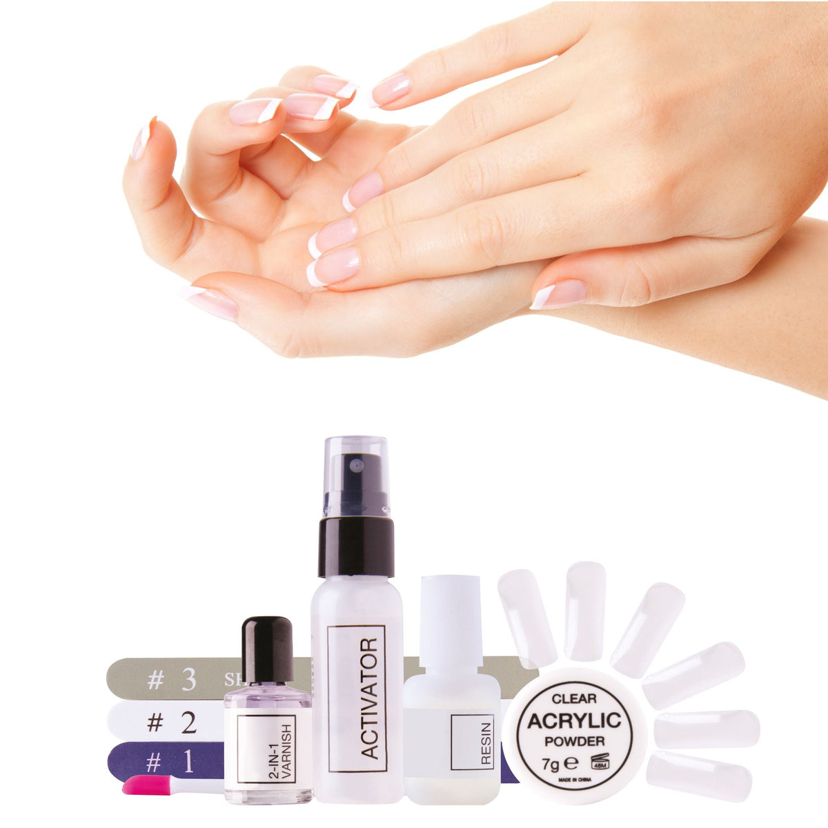Quick dip acrylic nail extension kit with ladies hands showing french tip acrylic manicure