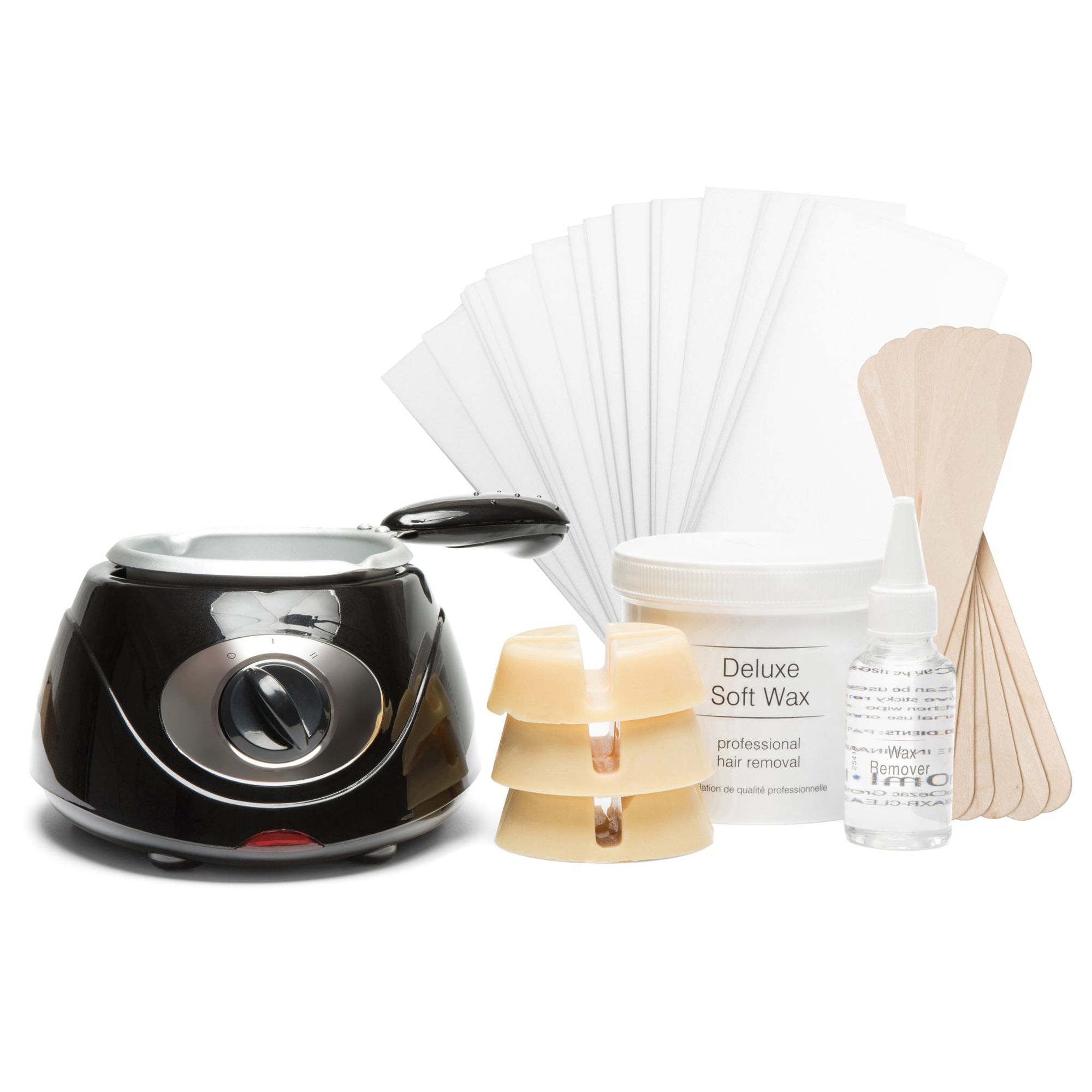 Wax heater with hard and soft wax, wax spatulas, strips and cleaning fluid
