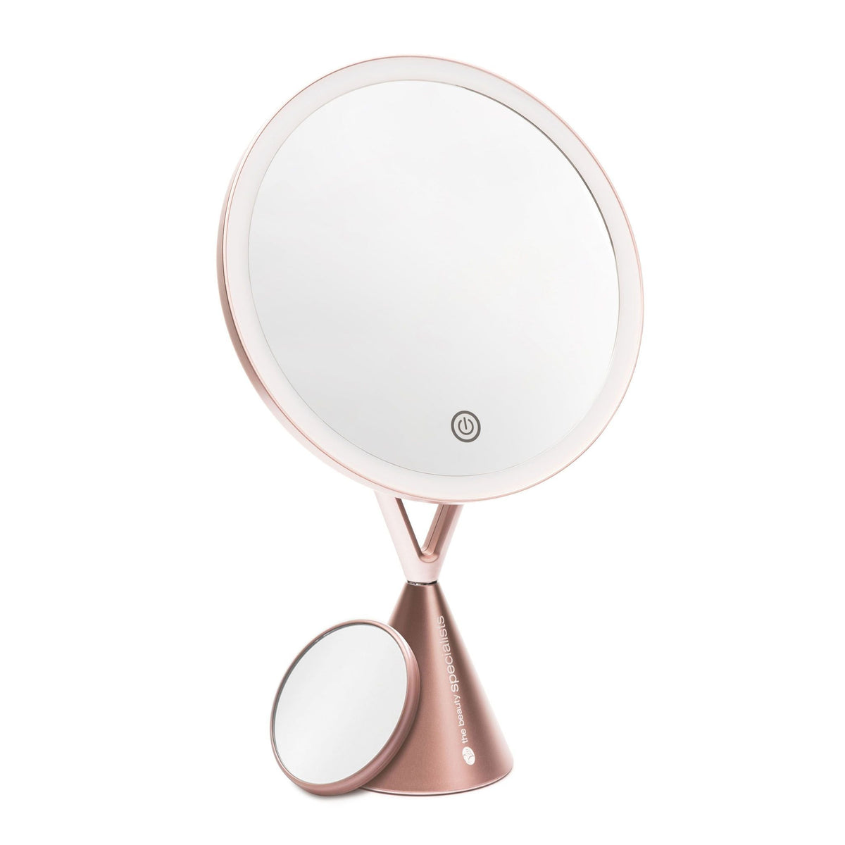 Rose gold HD illuminated make up mirror with detachable compact 1x and 5x magnifying mirror