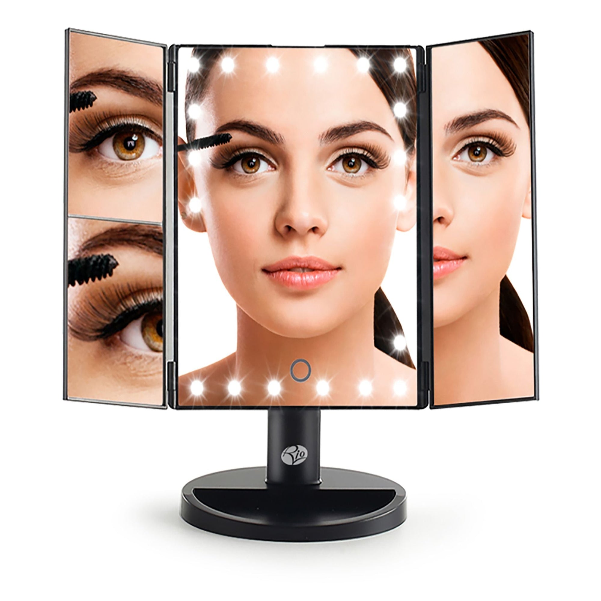 24 LED touch dimmable 3 way make up mirror with 2x and 3x magnification with illuminated LED lights and reflection of ladies face applying mascara