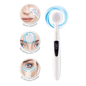 3 hotspot images of 4 in 1 facial cleansing brush exfoliator and massager being used with the various massage heads to perform gentle exfoliation revitalising roller massage and de stressing massage alongside hero image of the product with illustration showing the rotation of the brush head