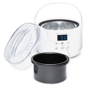 professional wax heater with digital temperature display and lid off with inside wax pot laid in front of heating unit