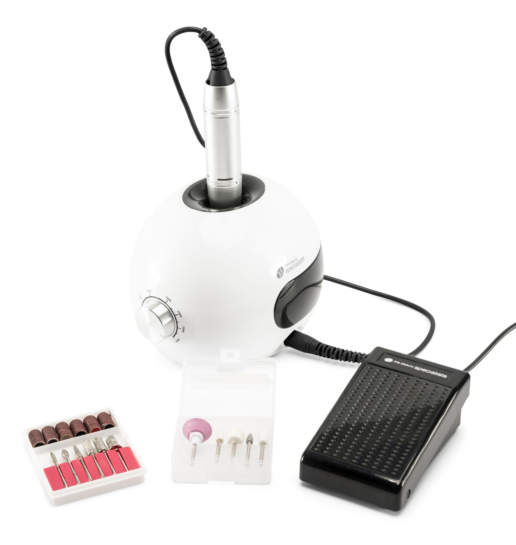 Salon electric nail file with foot pedal control and 11 interchangeable drill heads