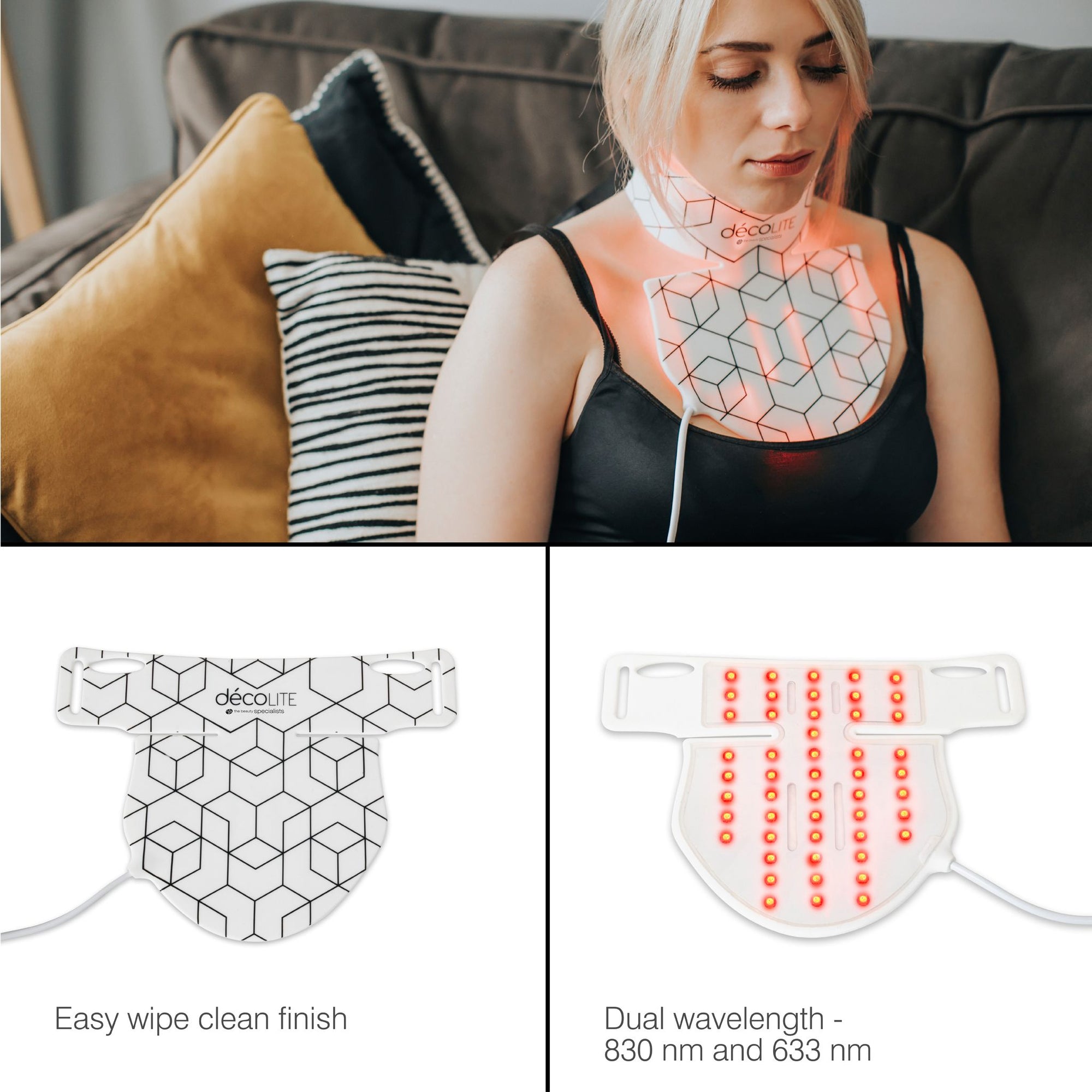 decoLITE LED light treatment soft-fit mask being worn by female sat on sofa reading. 2 smaller inset images showing the front and rear of the treatment mask stating 'easy wipe clean finish' and the 'dual wavelength - 830 nm and 633 nm'.