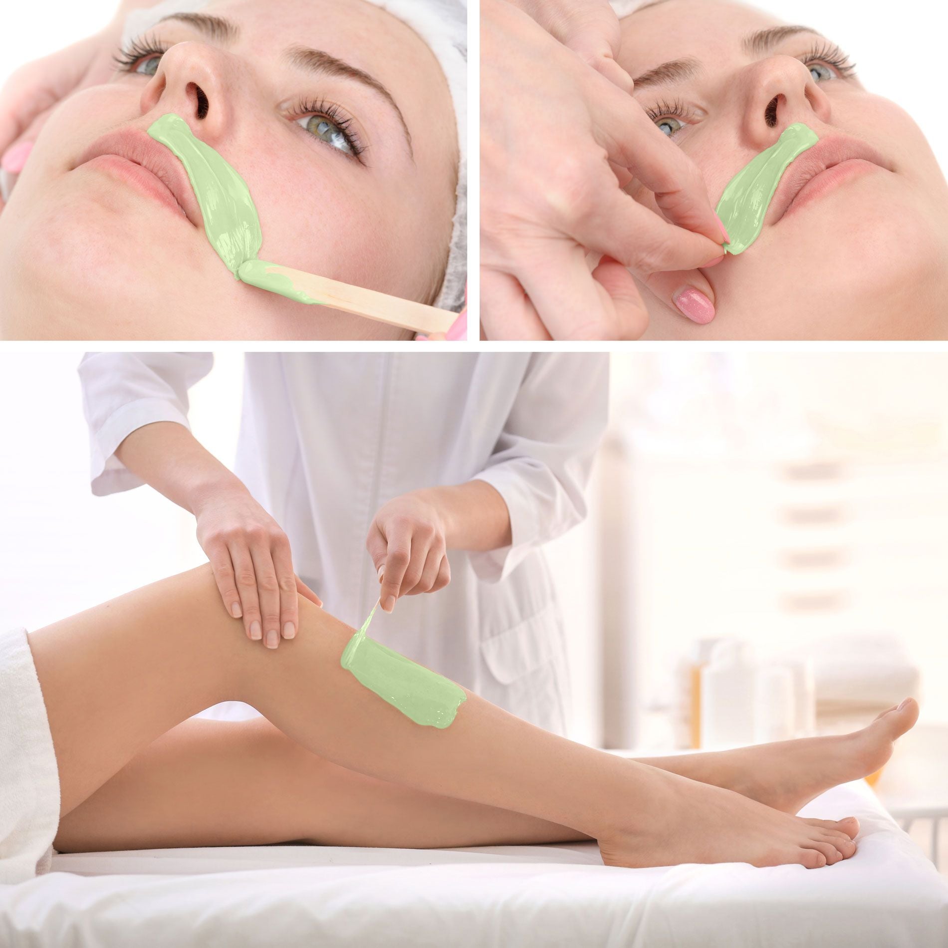 various images of lady having upperlip and legs waxed with green tea wax