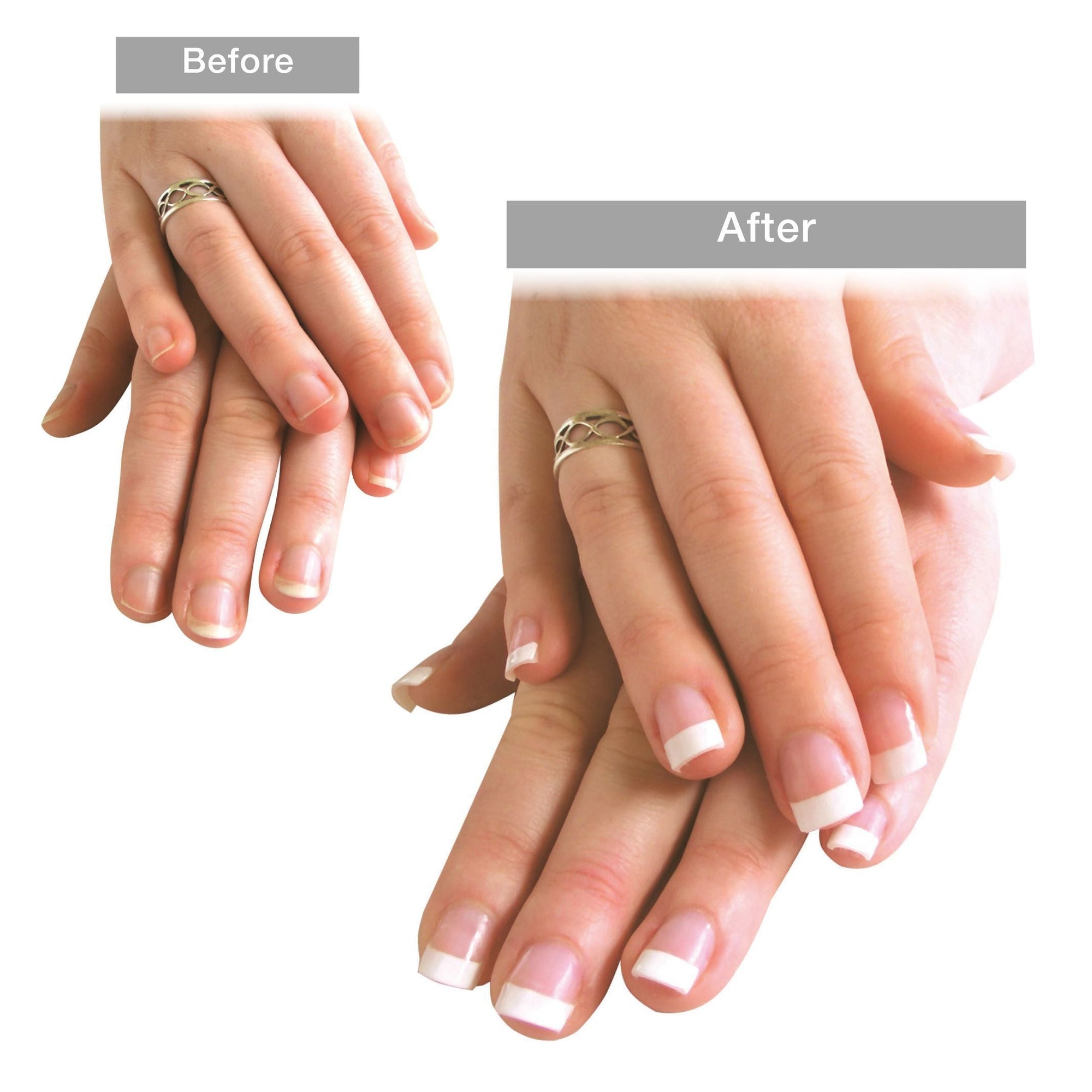 before and after of ladies hands after using the UV nail gel nail extension kit to create french manicure 