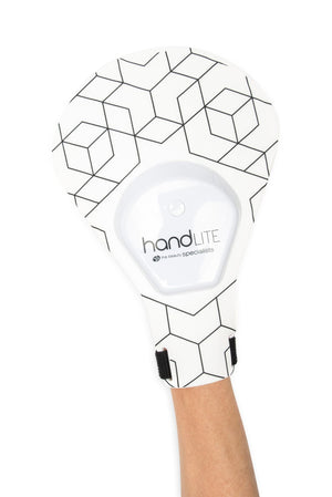 handLITE LED light treatment glove being worn.
