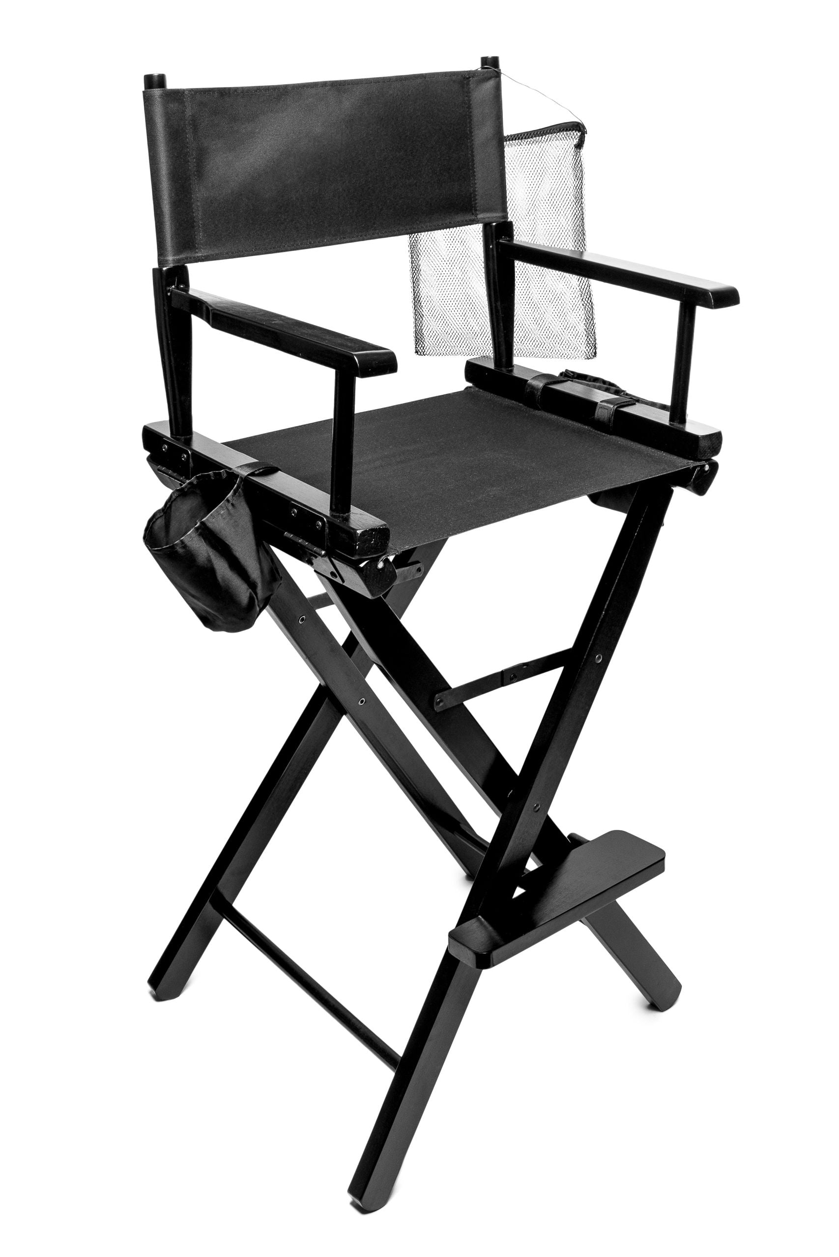 angled view of professional make up artists chair with removable net storage pouches visible 