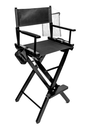 angled view of professional make up artists chair with removable net storage pouches visible 