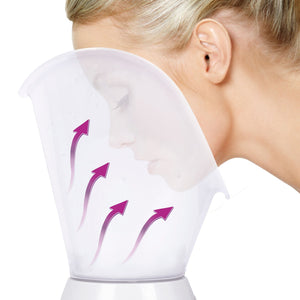 blonde lady with face inside facial sauna with arrows illustrating the direction of the steam