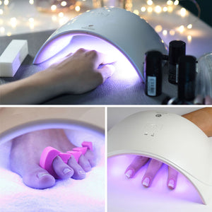 various images of Salon Pro UV & LED Lamp curing nails on both hands and feet 