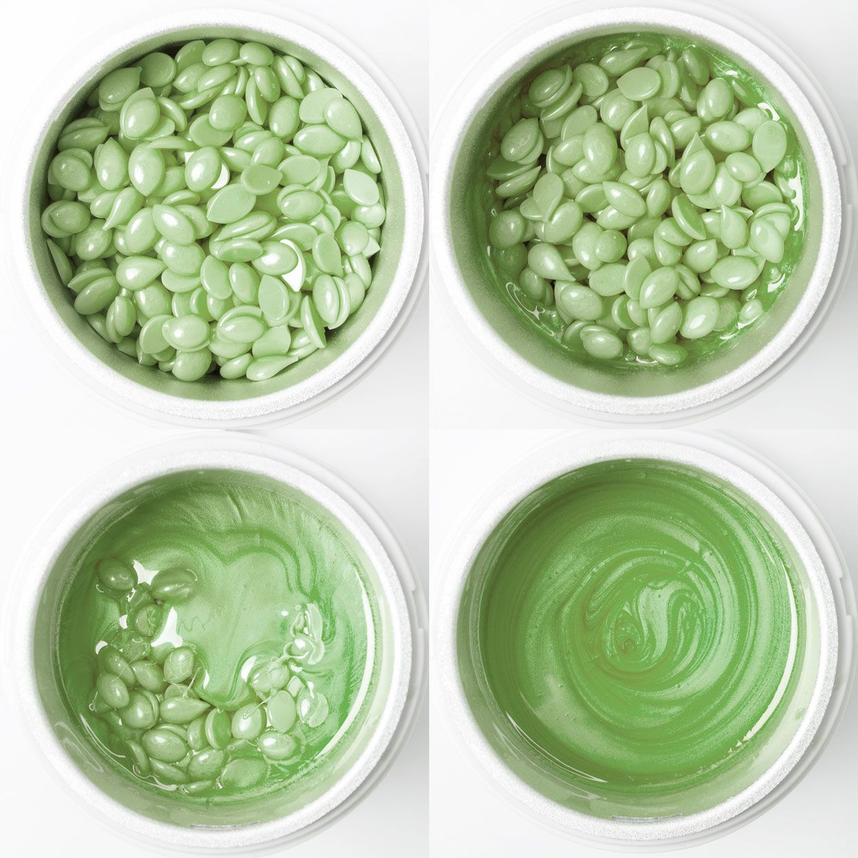 various stages of melting process of green tea Premium hard wax beads 