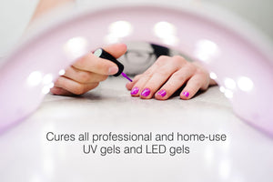 lady painting nails with gel polish infront of Salon Pro UV & LED Lamp captioned cures all professional and home-use UV gels and LED gels 