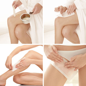 series of images showing lady waxing various areas of the body using the total body waxing kit including legs thighs and bikini area