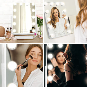 Collage of lifestyle shots of Hollywood glamour dressing table mirror being used on dressing table surrounded by cosmetics being used by lady to take selfie in bathroom being used to apply make up 