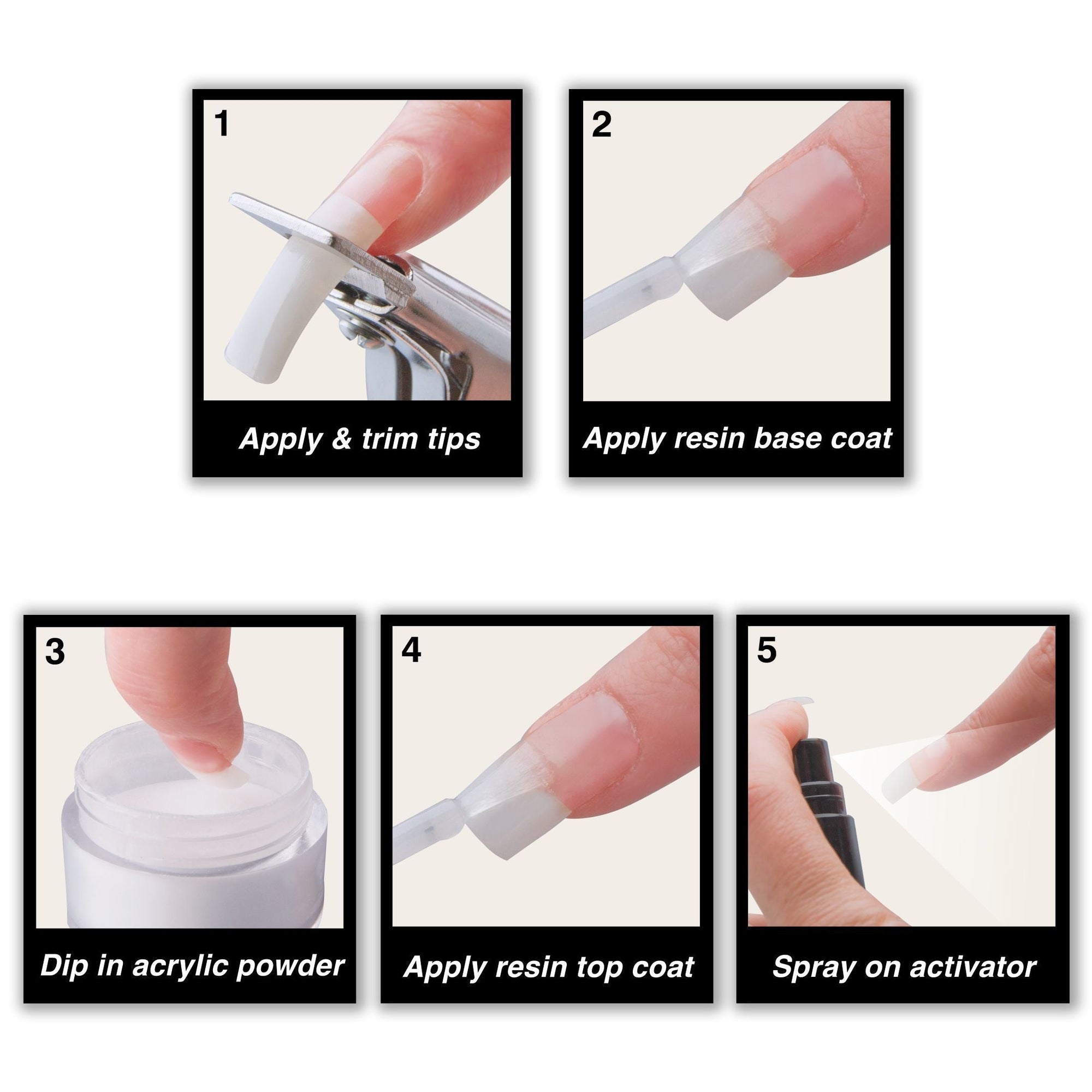 step by step guide to using the kit to apply acrylic nail extensions