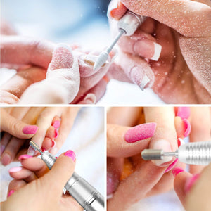 collage of salon electric nail file being used to file down acrylic nails in nail salon