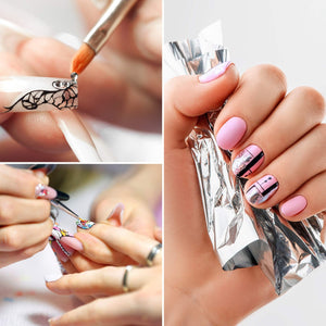 collage of manicured nails with nail art designs using nail art started kit
