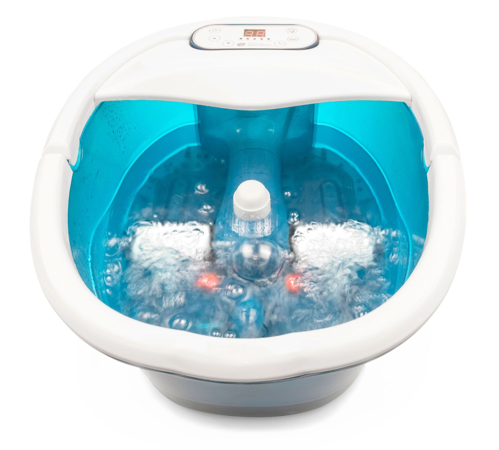multi-functional motorised foot spa bath and massager filled with bubbling water 