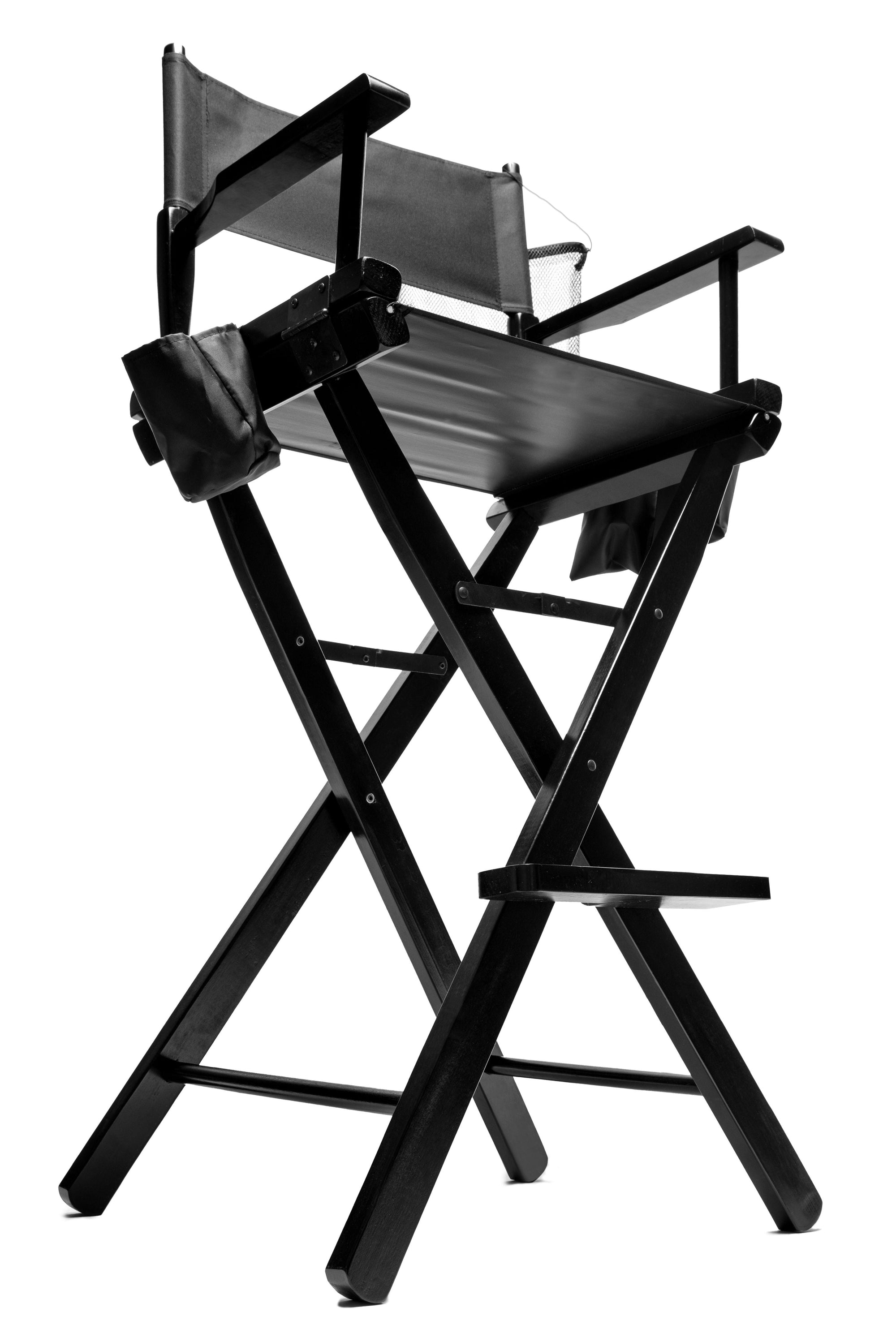 angled view of professional make up artists chair showing snag resistant wipe clean fabric seat and legs of chair