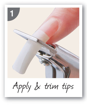 step 1 nail extension tip being cut to size with clippers captioned apply and trim tips