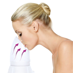 blonde lady with nose and mouth placed inside steam inhaler attachment of facial sauna with arrows to illustrate the steam