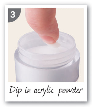 step 3 nail extension being dipped into powder pot and captioned dip in acrylic powder