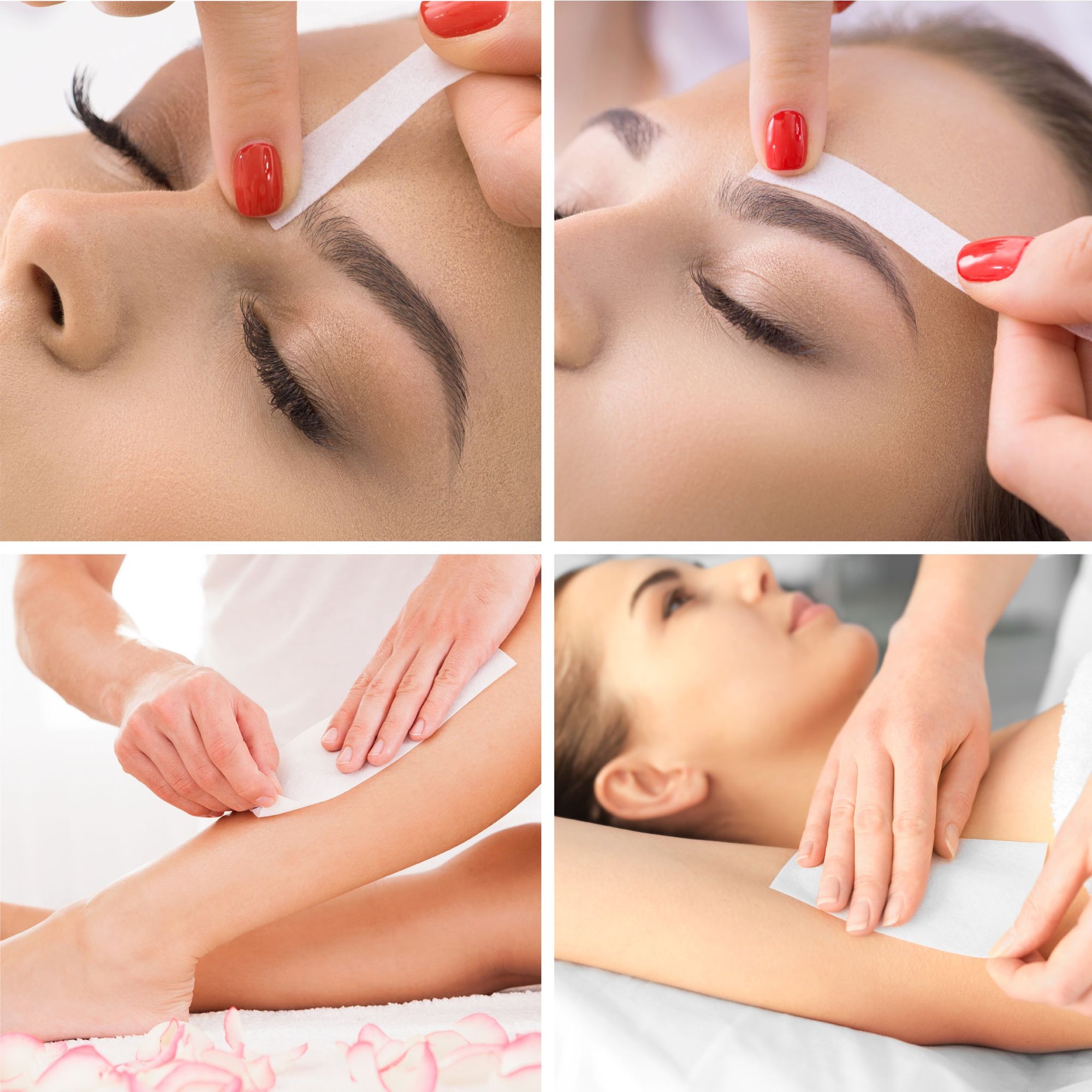 series of images showing lady having different areas of body professionally waxed using total body waxing kit including eyebrows legs and underarms