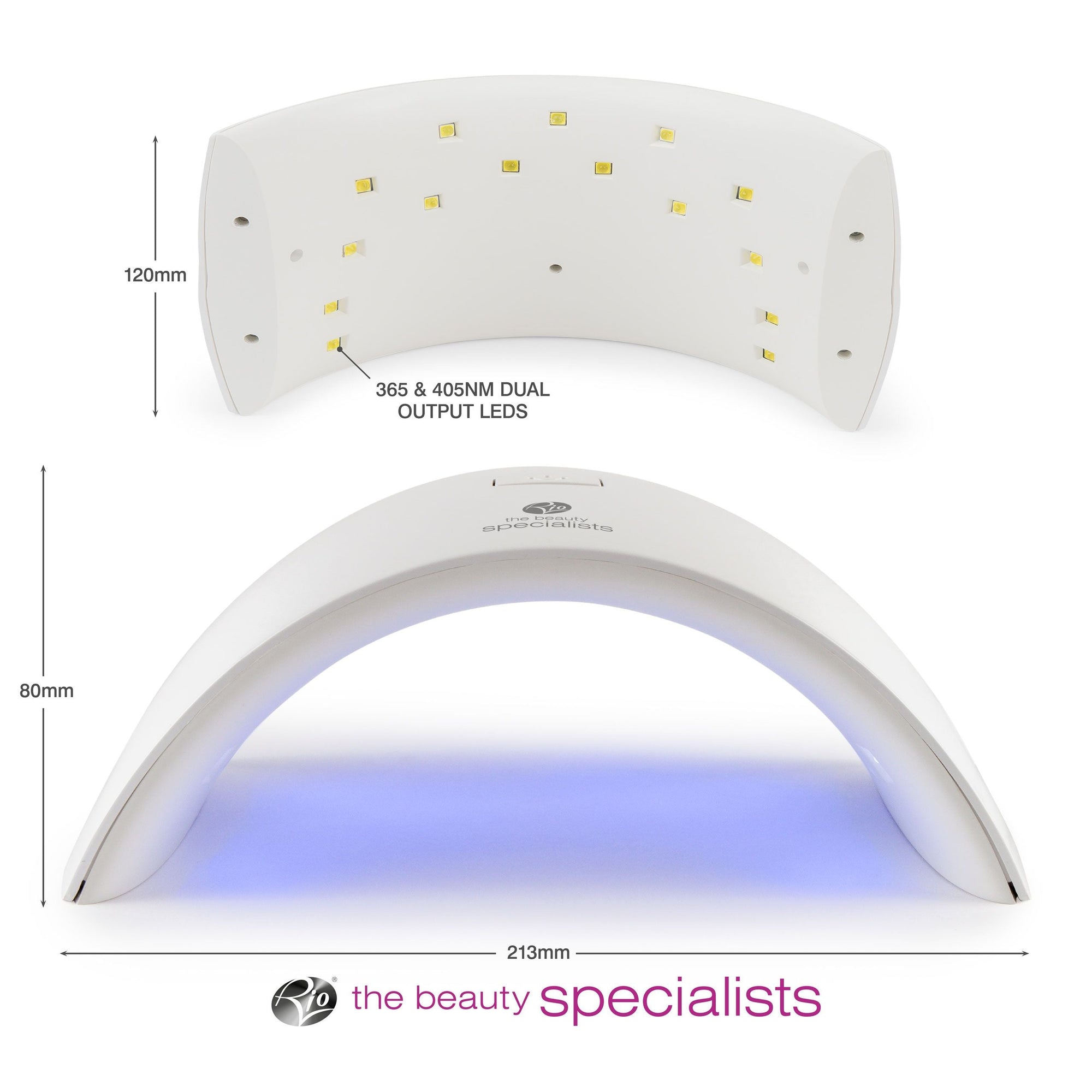 underneath of Salon Pro UV & LED Lamp showing the uv & led lights labelled 365 & 405nm dual output LEDs and arrow labelling width 120mm of the lamp with below image labelled with arrows for height 80mm and width 213mm
